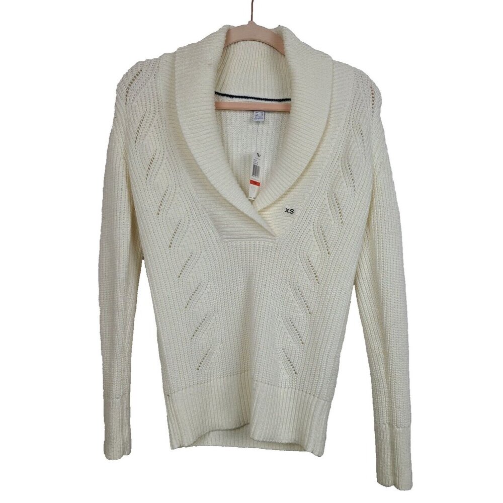 Nautica Womens Sweater XS‎ Ivory Shawl Collar Ribbed Knit Long Sleeve Pullover